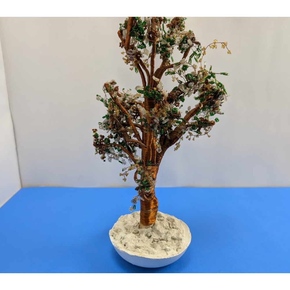 Handmade Tall Cement Base Beaded Wire Bonsai Tree Sculpture 14"